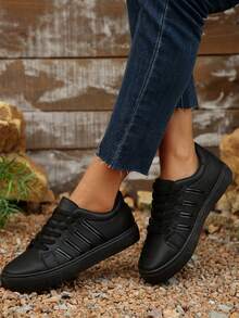 女式新款户外休闲徒步百搭条纹系带圆头黑色运动鞋 - 黑色 - 查看 4