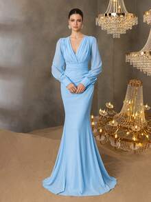Elisanya 女士优雅交叉V领灯笼袖鱼尾连衣裙 - 精致永恒的设计，适合春夏婚礼、晚宴、红毯伴娘礼服、夏季度假装扮 - 淺藍色 - 查看 4