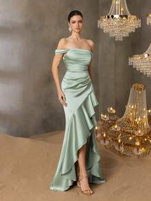 Faeriesty 优雅缎面晚礼服 - 露肩不对称下摆，侧开衩，荷叶边拖尾，时尚美人鱼轮廓，适合红毯盛宴、婚礼活动和正式晚宴 - 薄荷綠 - 查看 7