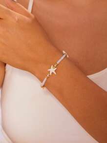1 pieza Pulsera de cuentas de semilla en estilo playero blanco con estrella de mar, adecuada como accesorio diario de mujer, para vacaciones, citas, regalos, días festivos, fiestas, compras