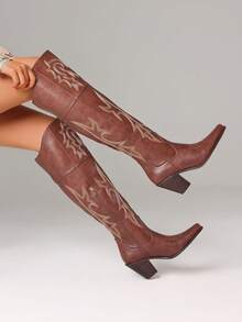 Women's Retro Embroider Thigh High Western Cowboy Boots Fashion Block Chunky High Heels Pointed Toe Vintage Cowgirl Boots Woman - 棕色A - 查看 5