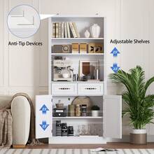 Bookcase With Doors And Drawers, Adjustable Shelves, P2 MDF Construction, Freestanding Cabinet With Metal Handles, Hidden Storage For Living Room, Bedroom - trắng - Xem 5