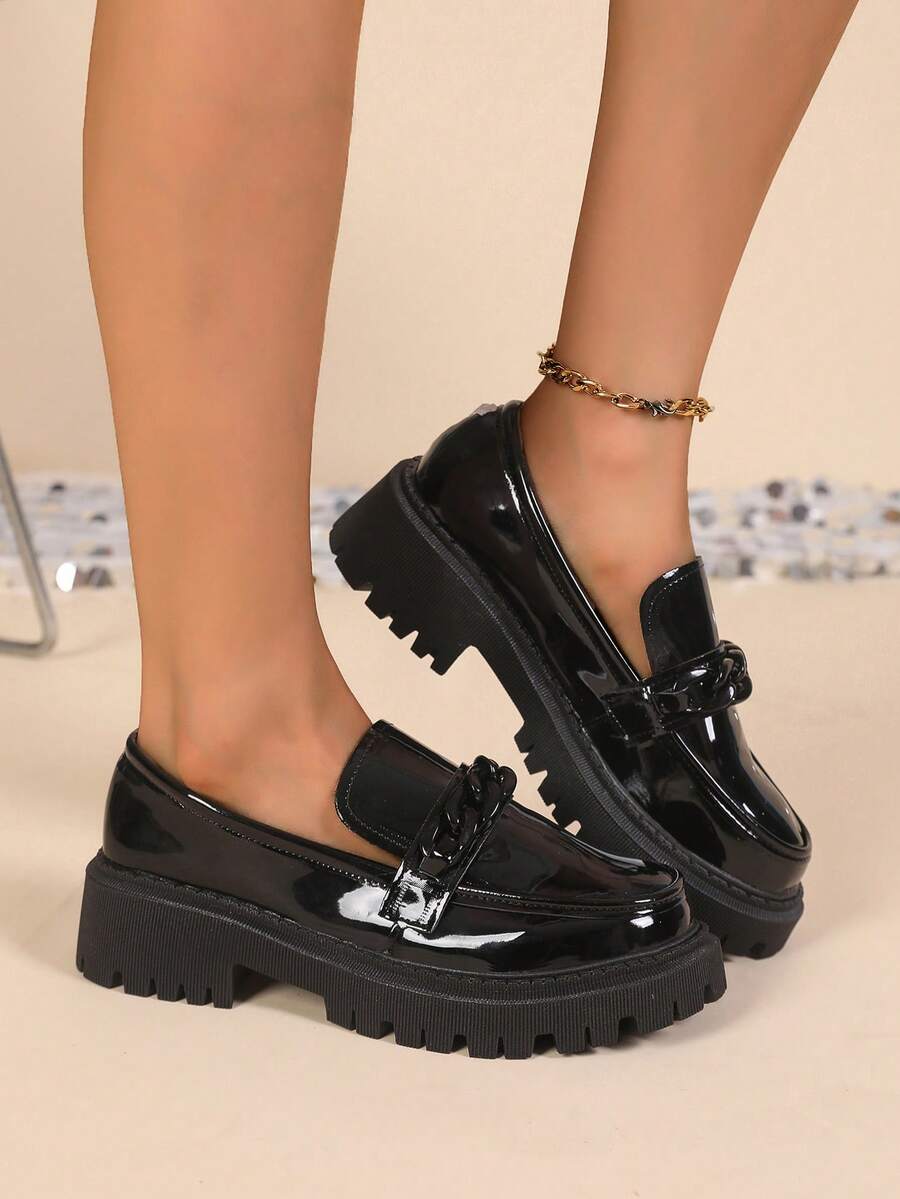 Czarne buty na obcasie Mary Jane, małe skórzane buty, proste, okrągłe, zapinane na klamrę buty na platformie