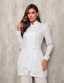 Women's White Long Sleeve Lab Coat With Priest Collar And Zipper Marcela - White - View 6