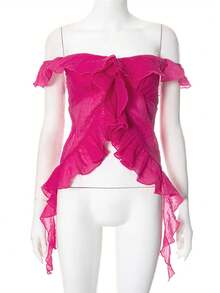 Women Y2k Frill Trim Off Shoulder Tank Top Low Cut Sleeveless Irregular Ruffle Tassel Cami Shirt Going Out Crop Top - 玫紅色 - 查看 6