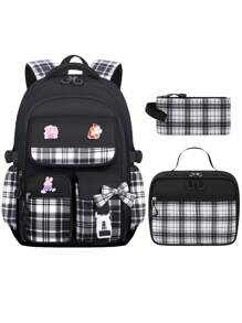 3-Piece Set: Bowknot Girl Backpack, Lunch Box Bag, Pencil Case, Polyester Plaid Pattern, Multi-Pocket, Large Capacity, Student School Backpack With 3 Detachable Badges, Back To School Essentials, Suitable For School And Travel