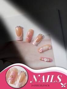 24 件长方形粉色法式 3D 花朵水钻按压指甲，配果冻胶和指甲锉，优雅裸色渐变假指甲套装，手工花卉装饰，适合女士女孩派对日常美甲用品 - 粉色 - 查看 3