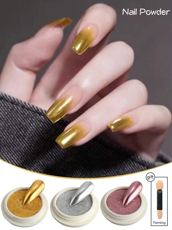 AiFer 3 pièces Poudre à ongles chrome, effet miroir métallique esthétique Y2K Holographique Aurora Caméléon Pigment 3 couleurs pour Nail Art Gel Polish Sirène Licorne Poudre à tremper DIY Nail Charms Nail Gems Fournitures pour ongles