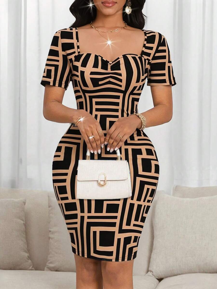 SHEIN Lady Vestido ajustado con cuello de corazón y estampado geométrico para mujeres - Multicolor - Ver 1