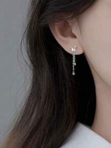 1 Pair S925 Sterling Silver Minimalist Sweet Butterfly Tassel Stud Earrings, Unique Design Gift, Versatile For Everyday Wear