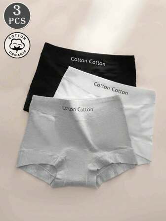 3pcs/Set Women Solid High Waist Briefs, Letter Print, Sports, Seamless, Tummy Control, Lifting, Shorts