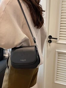 简约半月形马鞍包斜挎包，时尚翻盖包 - 黑色 - 查看 13