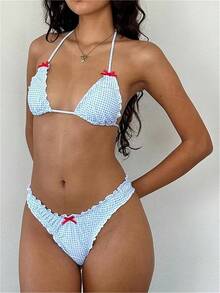 Alyweatry Women Y2K Bikinis Sets Coquette Aesthetic Bows Halter Tie Up Bikini Top High Cut Elastic Waist Bikini Bottom - Blue Gingham - 查看 3
