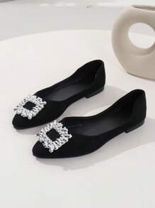 Kleine Größe halbe Größe Daunen, Mädchen Quadrat Schnalle Spitzer Zehenbereich Niedriger Absatz Ballerinas - Leichtgewichtig & Bequem, Für alle Jahreszeiten geeignet, Vielseitig, Elegant & Charmant, Anmutig - Funkelnde Strass Blendend, Klassisch & Zeitlos