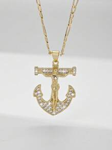 1 pieza Collar colgante con cruz de Jesús de 14K color oro, estilo europeo y americano, hipoalergénico, con relieve en capas e incrustación de cobre y circonita, adecuado como regalo para madres, San Valentín, parejas, amigos, cristianos, para uso diario, festivales y oración