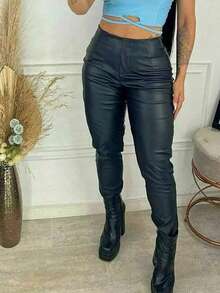 Zra Women Leather Pants High Waist Skinny Party Elegant Winter Fashion - màu đen - Xem 3