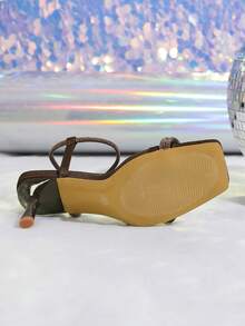 Women's Shiny Rhinestone Buckle Decor High Heel Sandals, Nude Strap Coffee Color Stilettos 2025 New Arrival - Coffee Brown - View 6