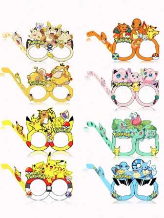 pokemon 8 piezas Gafas de fiesta con imágenes de figuras de anime de dibujos animados, de calidad de papel. Son divertidas para tomar fotos, decoración de fiesta, regalos de fiesta, celebración de cumpleaños, accesorios necesarios para la fiesta
