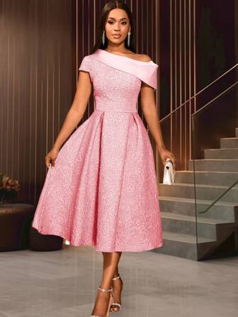 女士花卉提花拼色不对称下摆优雅正式鸡尾酒会半正式舞会毕业礼服，适合生日、婚礼宾客、毕业典礼、晚宴、返校节