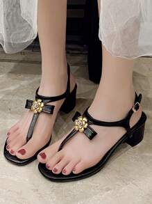Women's Solid Color Fashion Sandals, Gold Flower Decor Sandals, Summer T-Strap High Heels, Casual Single Strap Anti-Slip Thick Sole High Heels