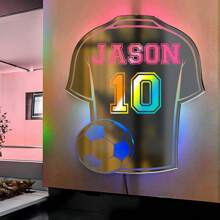 [Individuelles Produkt] 1 Stück 37*42cm personalisiertes Geschenk für Jungs, individueller Name, Fußball & Trikot Design, LED Wandspiegel Neonlicht USB betrieben, für Wohnzimmer, Schlafzimmer, LED Nachtlicht, Weihnachten, Halloween, Geburtstaggeschenk für Jungs