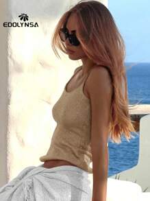 2025 亮面黑色吊带背心，性感针织度假装，女士夏季