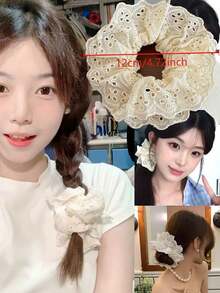 topshiny 1pc Unique French Design Lace Hollow Flower Scrunchie For Women, Suitable For Everyday Use Scrunchies Hair Ties Scrunchy Hair Ties Ponytail Head Accessories Elastic Band - Beige - View 2