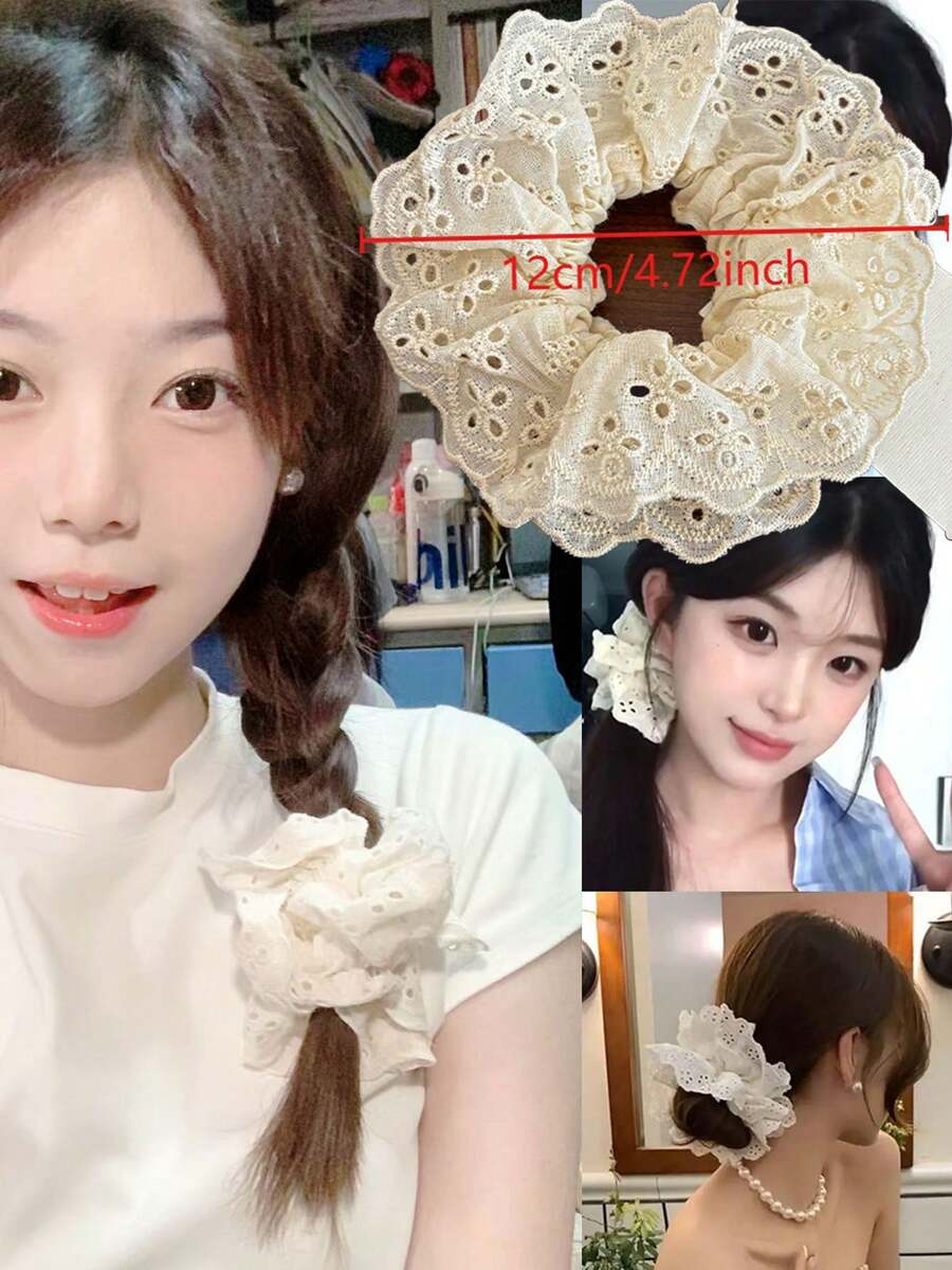 topshiny 1pc Unique French Design Lace Hollow Flower Scrunchie For Women, Suitable For Everyday Use Scrunchies Hair Ties Scrunchy Hair Ties Ponytail Head Accessories Elastic Band