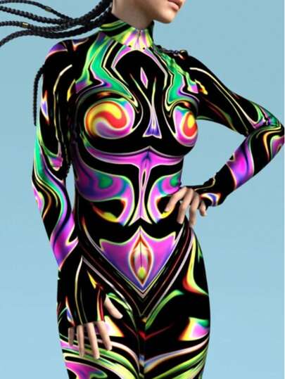 Combinaison imprimée géométrique pour femmes, contraste de couleurs dopamine, style de la haute rue, mélange fonctionnel Y2K, tenue de fête fluorescente, combinaison cyberpunk, costume d'Halloween