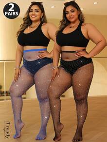 2pcs Women Plus Size Rhinestone Fishnet Tights, High Stretch Mini Net Leggings, Glittery For Nightclub Party Goth Fashion Versatile - Multicolor - View 3