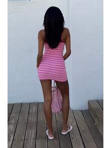 2025 Summer New Women's Striped Knit Dress Sling Short Dress For Beach Party Wear - 粉色 - 查看 6