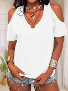 Women's Summer Cold Shoulder T-Shirt Casual Short Sleeve V Neck Blouse Top - 白色 - 查看 1