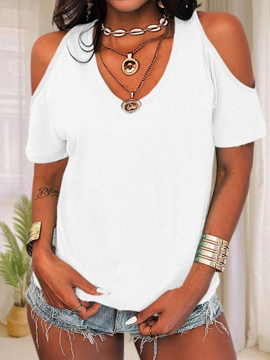 Women's Summer Cold Shoulder T-Shirt Casual Short Sleeve V Neck Blouse Top - 白色 - 查看 1