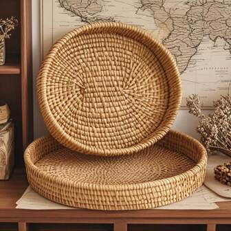 1 pieza Bandeja ovalada tejida a mano de ratán, plato de servir de estilo japonés para aperitivos/frutas, cesta de almacenamiento, adecuado para almacenamiento, decoración, decoración de hogar rural, soporte para flores/velas, accesorio para fiestas, suministros para fiestas de cumpleaños