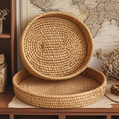 1 件手工编织藤条椭圆形托盘，日式便捷小吃/水果餐盘，储物篮，适用于存储、装饰、乡村家居装饰、花/烛台、节日配件、生日派对用品