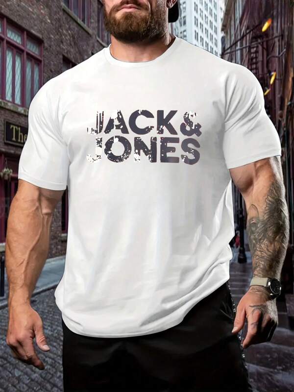 T-shirt hom me no ir sport grande taille, imprimé Jack&Jones, col rond, 220 g/m², pour l'été, en pur coton, manches courtes (1 pièce)