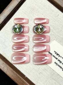 Handmade Nail Art Reusable Artificial Nails, French Dual-Color Glitter Rhinestone, Fashionable High-End, For Women, Comes With Nail Tools