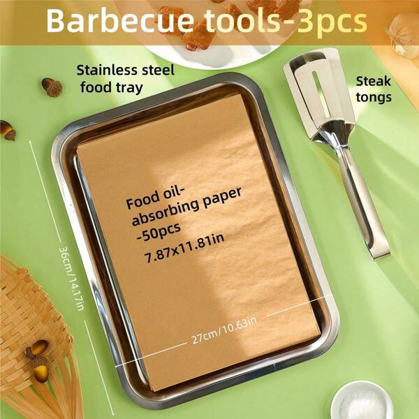 3 Stücke Kochgeschirr Set, Edelstahl Tablett, Multi-Funktions Esszange, 50 Stücke Ölaufnahmepapiere, geeignet für Garten BBQ, Servierplatte, Kochutensilien Set