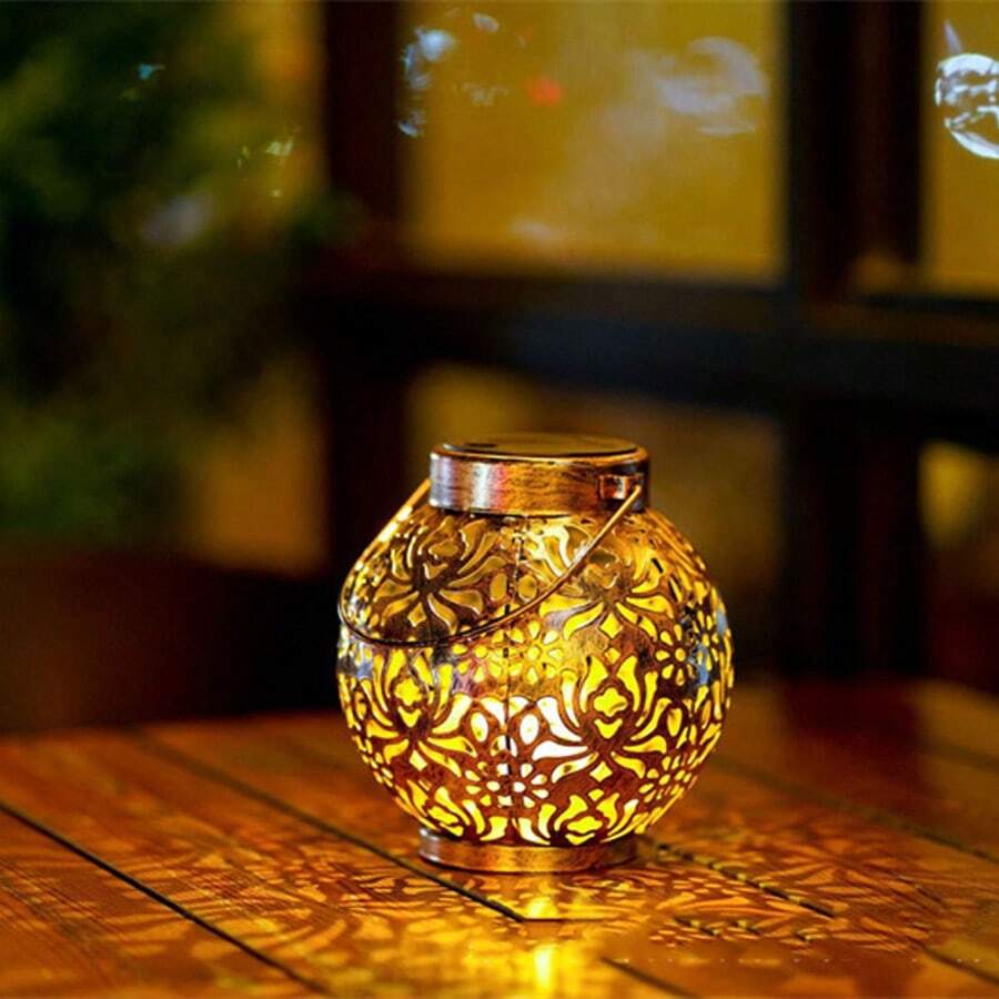 1 件 LED 太阳能圆形水滴灯莲花图案户外吊灯时尚庭院太阳能灯适用于花园户外街道万圣节日常派对 - 暖色 - 查看 1