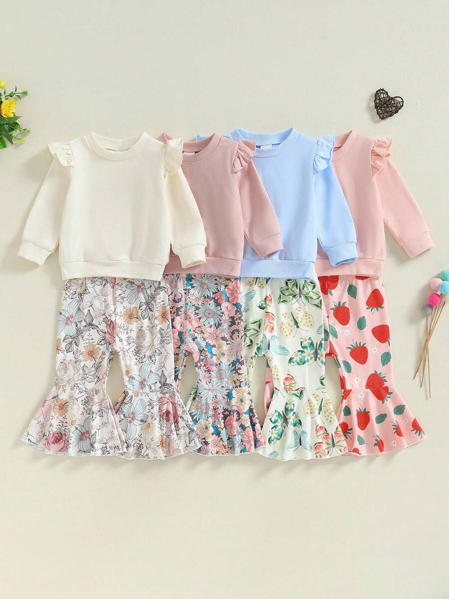 Toddler Baby Girl Clothes Cute Outfits Long Sleeve Sweatshirt Tops Floral Bell Bottom Pant Fall Winter Outfit - 紅色 - 查看 1