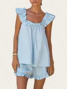 Women Summer 2 Pieces Pajama Outfit Set Y2K Ruffle Sleeveless Crop Tank Tops And Ruffled Mini Shorts Sets Cute Pjs Sleepwear Loungewear - 藍色 - 查看 3