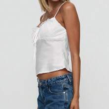 Women's Satin Cami Tops Sleeveless Open Back V Neck Low Cut Slim Fit Lace Trim Tank Tops For Party Streetwear