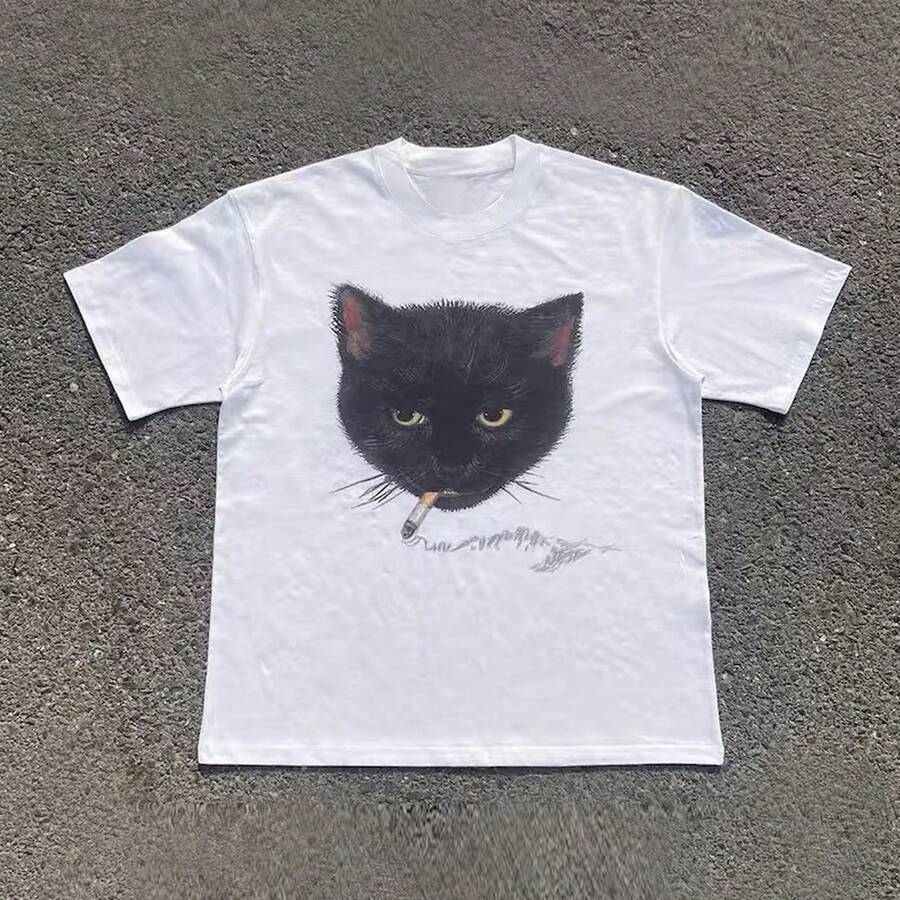 Cat Print Round Neck Short Sleeve T-Shirt, Casual For Summer - White - View 1