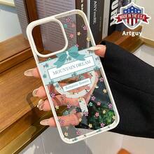 MagSafe Case For IPhone 16 Pro Max 15 16e 14 Plus 13 12 Mini 11 Promax X XS Max XR XSMax Flowers On Mountain Pattern Acrylic Back TPU Edges Shockproof Ultra Thin Mobile Phone Cover Gift For Girl - White - View 1