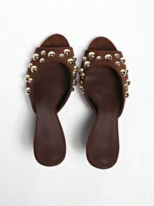 Black Rivet Decor High Heel Sandals For Women, New 2025 Collection Chic Versatile Stiletto Mules,Spring Summer Outfits - Brown - View 3