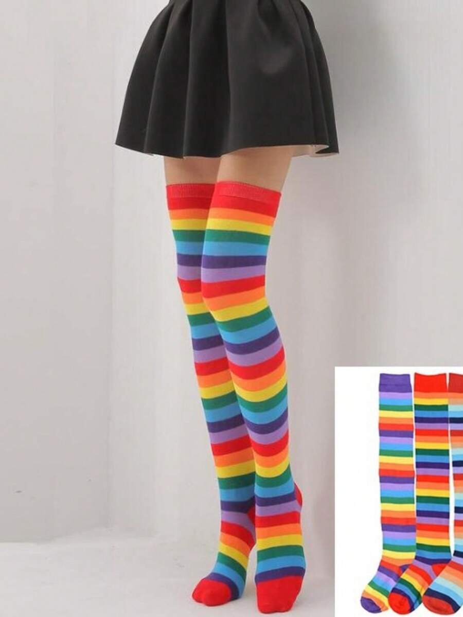 1 Pair 3/4 Long Socks 34 To 40 Striped Colorful Rainbow High Shaft Fun Adult And Children - Tối dài (34 đến 40) - Xem 1