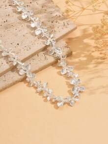 1pc Summer Elegant Silver Flower Necklace, Metal & Vine Combination Choker Necklace, Versatile Sweet Style Collar Necklace For Women, Suitable For Daily Wear And Wedding Season Gift - Silver - View 4