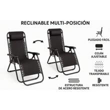 Pack 2 Tumbona Plegable Multiposiciones para Jardín | Exterior | Negro | Medidas 95x65x105cm, Estructura de Acero Resistente | Cojin Tejido transpirable