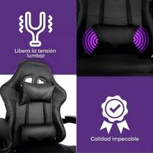 Silla Gamer Escritorio Ergonómica Reposapiés Ejecutiva |   Ajuste de altura |   Reclinable Gaming Oficina Silla de Juegos de computadora con Giratorio |   Reposacabezas y Almohada Lumbar (Negro) - Negro/Gris - Ver 4