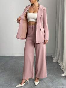Elegant Single Breasted Notched Lapel Blazer And Wide Leg Pants Suit - Dusty Pink - View 5